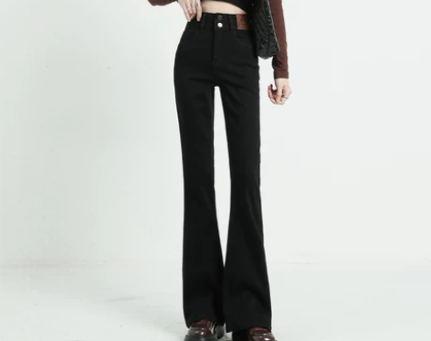 里歌曼黑色双扣高腰微喇叭牛仔裤女修身显瘦2...