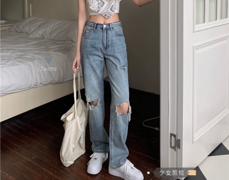 ?破洞牛仔裤女夏季2022新款高腰宽松显瘦...