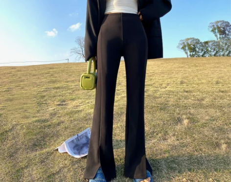 ?黑色开叉喇叭裤女2022夏装高腰弹力修身...