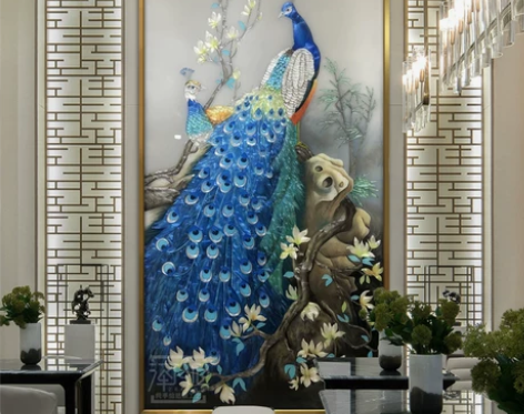 装饰画手绘珐琅彩新中式现代玄关走廊壁画客