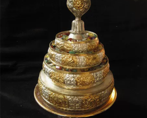 尼泊尔全新正宗特厚银鎏金手工珐琅曼扎盘，全...