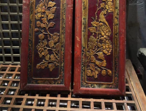 老木雕花板吉子喜上眉梢一对 字板人物对联花...