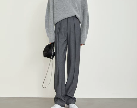 夏莫卡压褶长裤女小众显瘦阔腿裤高腰西装裤高...