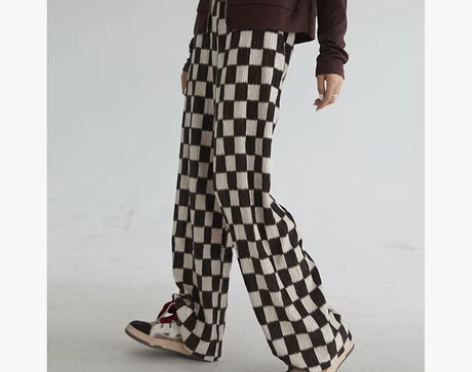 赛小懒阔腿格子裤女秋冬裤子垂感棋盘格宽松复...