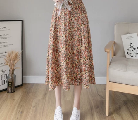 小碎花半身裙高腰显瘦a字裙长款雪纺裙子,全...