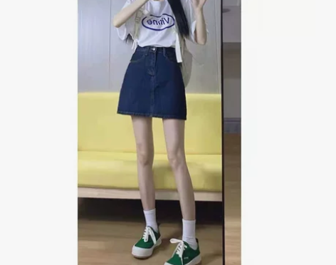 深蓝色牛仔短裙女a字裙夏季新款辣妹裙子包臀...