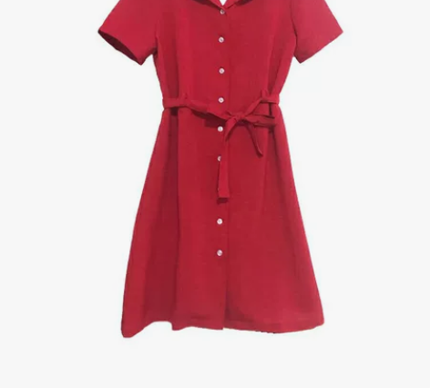 V领复古大红色衬衫收腰连衣裙冷淡风夏旅游女...