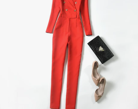 红色连体裤2021年秋季直筒长裤腰带显瘦女...