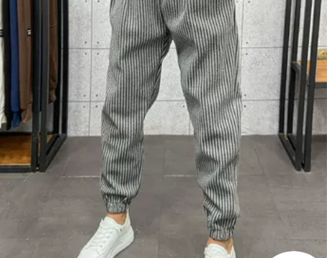 条纹休闲裤男冬季加厚毛呢小脚九分裤青年宽松...