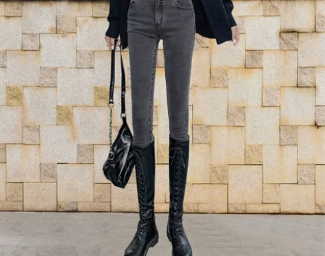 烟灰色牛仔裤女高腰显瘦修身小脚紧身铅笔裤 ...