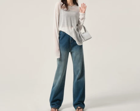 ?渐变高腰阔腿牛仔裤女2022新款梨形身材...