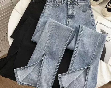 网红百搭裤脚开叉高腰弹力牛仔裤女学生202...