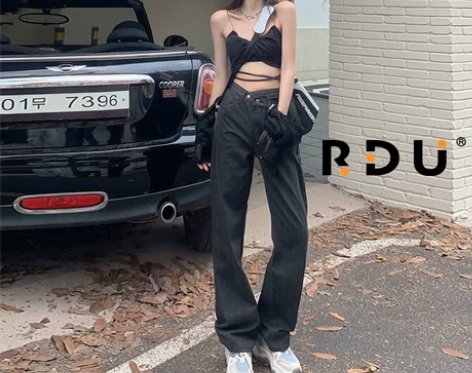 RDU 2022秋季新款不规则高腰阔腿牛仔...