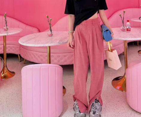 粉色灯芯绒休闲裤女春秋2022新款韩版宽松...