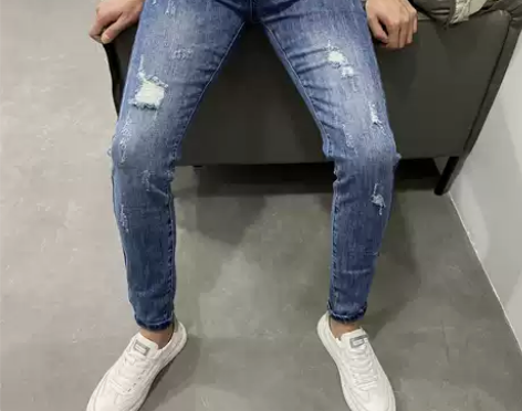 夏季新款蓝色破洞牛仔裤男韩版修身小脚裤潮流...