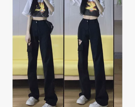 黑色破洞牛仔裤女潮高街2022春夏新款高腰...