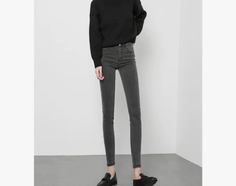 【狂欢价】烟灰色牛仔裤女高腰小脚裤2021...