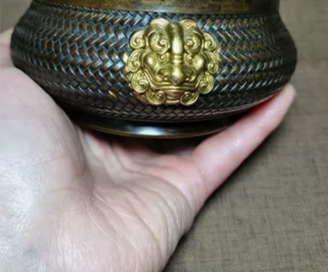 大号双兽头鎏金竹编纹铜香炉线香炉，也可做烟...