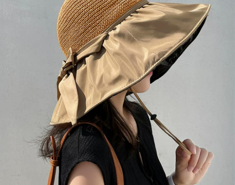 黑胶沙滩帽遮阳帽女夏季镂空草帽紫外线大檐遮...