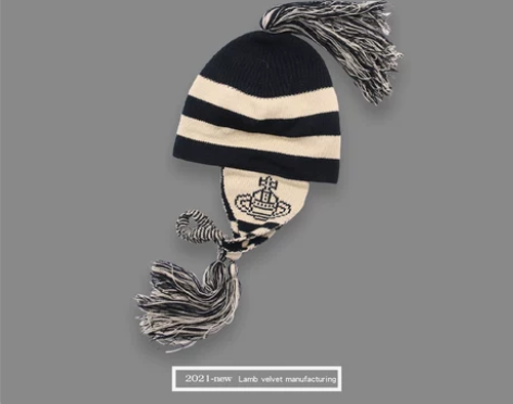 日系漫画真一流苏条纹毛线帽保暖针织雷锋帽秋...