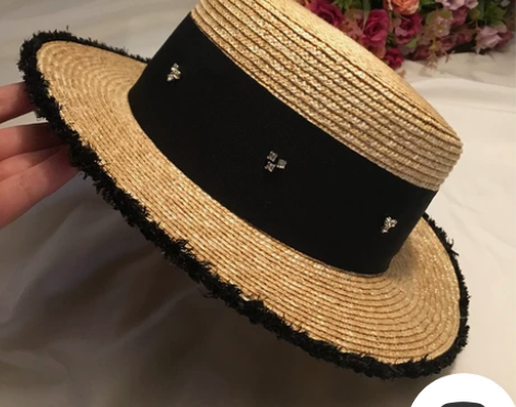 平顶帽子女夏水钻贴布麦秆草帽毛边礼帽度假沙...