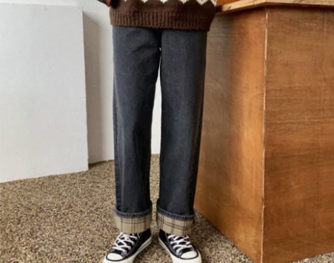 春秋大码胖mm格纹阔腿牛仔裤女韩版复古bf...