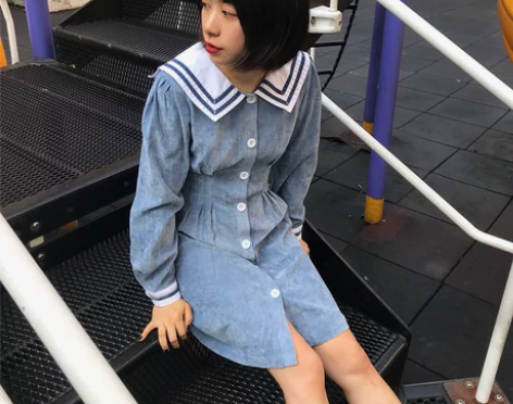 迷路森林 雾霾蓝色《海洋》日系修身海军连衣...
