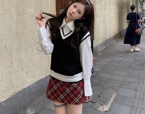 bigking大金家红色格子半身裙女秋冬学...