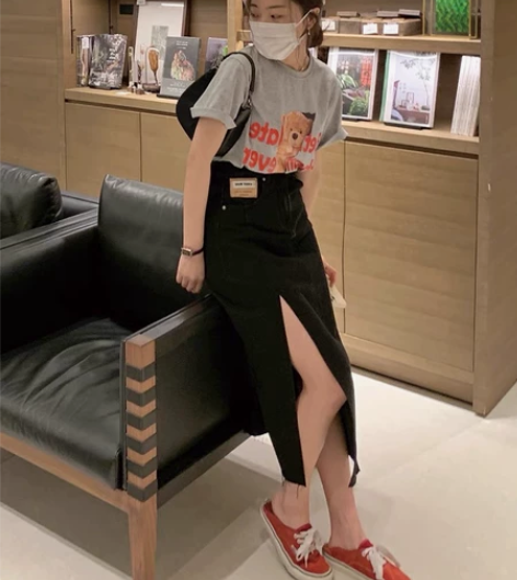 高腰侧开叉半身裙子女牛仔裙春季2022新款...