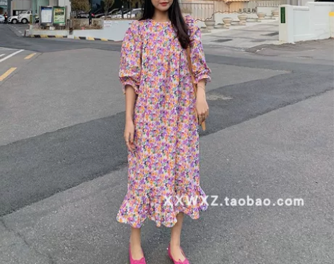 王希之韩国东大门春夏新款代圆领碎花灯笼袖宽...