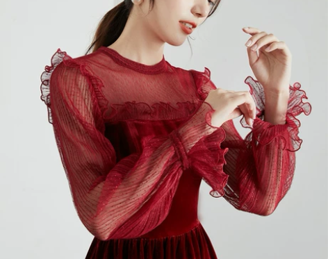 ?朱梦 新款法式复古连衣裙女宴会红色礼服裙...