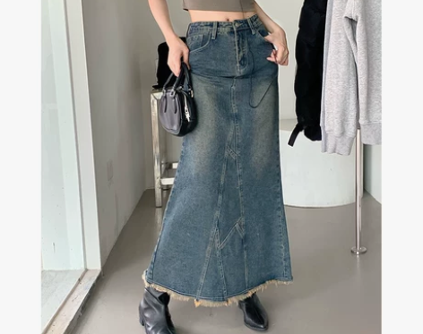 荷叶鱼尾裙辣妹包臀裙港味复古中长裙高腰牛