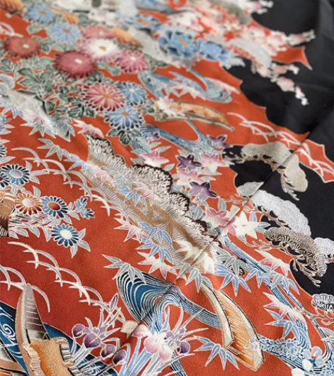风景庭院黑留 和服真丝蚕丝面料中古回流 哑...