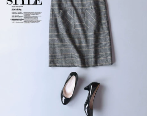 通勤复古格子撞色中裙口袋半身裙羊毛呢裙 外...