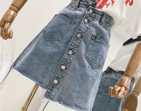 ?2021夏季韩范不规则错位单排扣牛仔半身...
