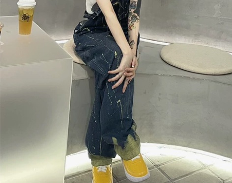 设计感背带裤子2022春季新款炸街宽松泼墨...