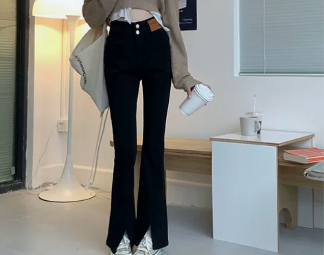 开叉微喇叭牛仔裤女秋冬新款复古辣妹高腰显瘦...