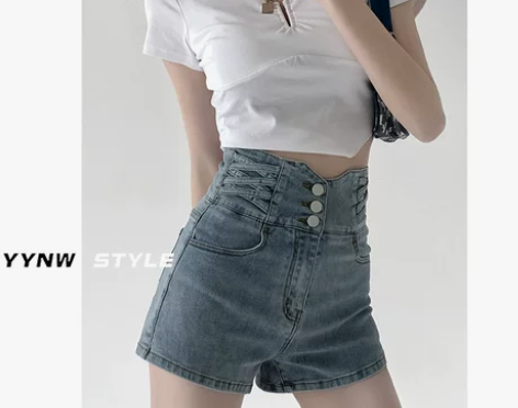 辣妹小蛮腰高腰收腹牛仔短裤女夏季百搭提臀宽...