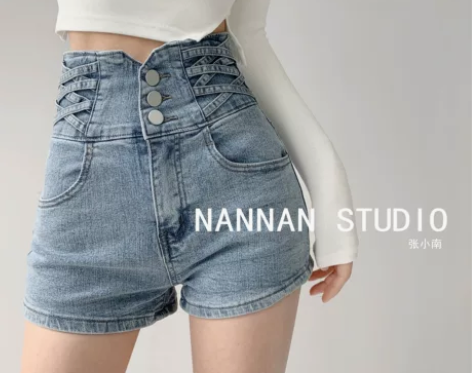 ?辣妹小蛮腰交叉编织超高腰收腹牛仔短裤女百...