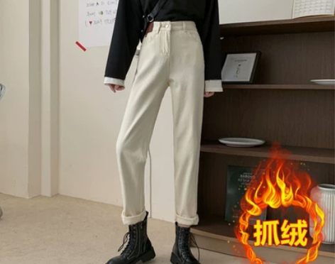 梨形身材裤子女米白色牛仔裤加绒胖妹妹大码高...