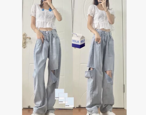 高腰膝盖大破洞阔腿牛仔裤女夏季薄款2022...