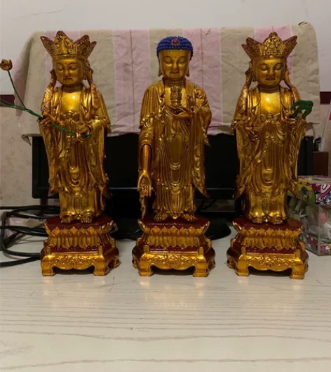 西方三圣，樟木木雕佛像，总高29厘米，佛身...