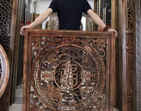 东阳木雕挂件香樟木实木客厅玄关电视背景墙正...