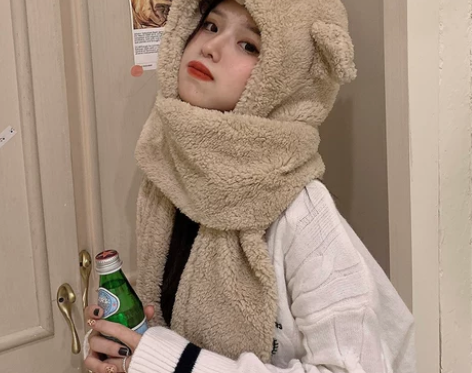 子女毛绒小熊帽冬季可爱冬天毛绒围巾手套三件...