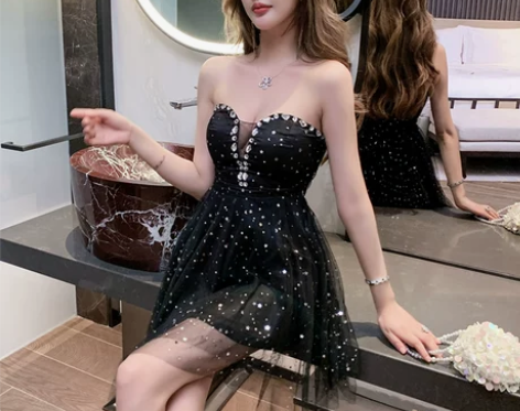 短裙新款夜店女装性感法式复古亮片抹胸高腰连...