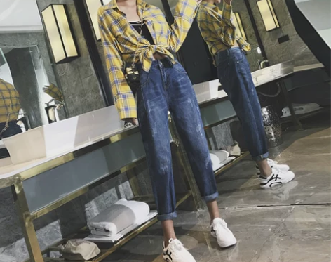 高腰牛仔裤女春秋2019新款韩版宽松九分哈...