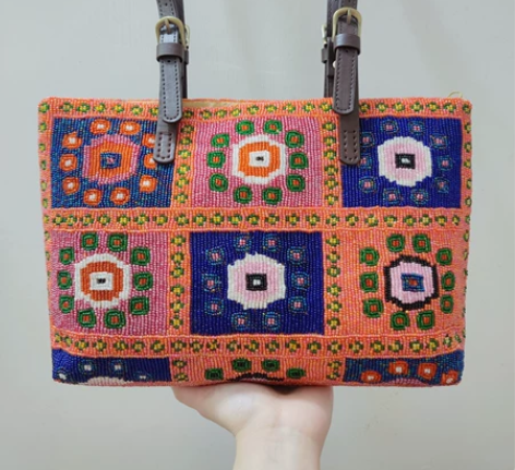 vintage钉珠重工彩花珠绣拼色手提腋下...