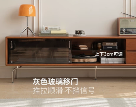 源氏木语实木电视柜意式客厅收纳地柜复古玻璃...