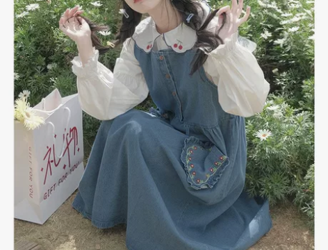 夏季2022款甜美蓝色牛仔背带裙女春学院风...