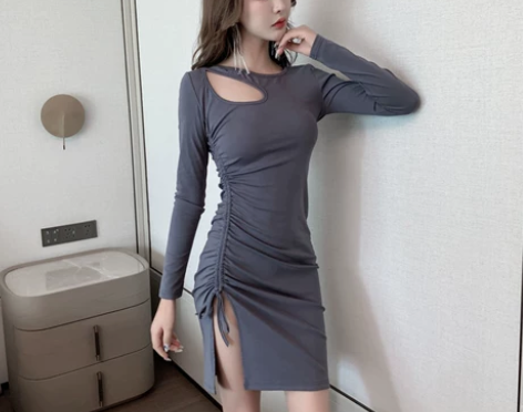 设计感心机开叉抽绳包臀性感连衣裙夜店女装夜...